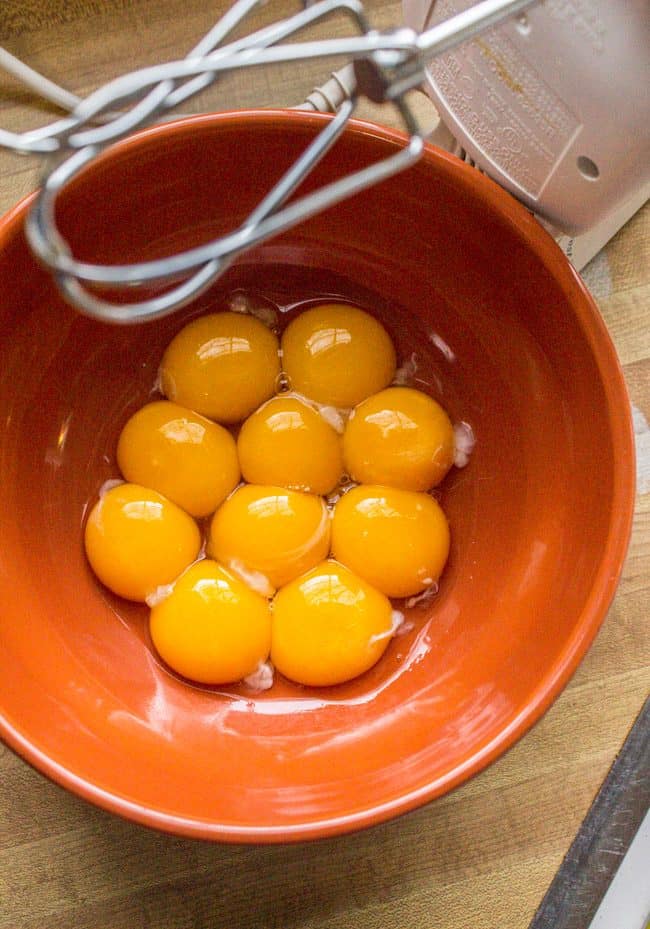 egg yolks in a mixer.