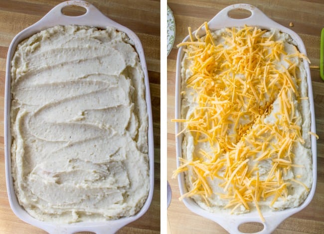 mashed potatoes spread of top of beef filling, cheese sprinkled on top of mashed potatoes.