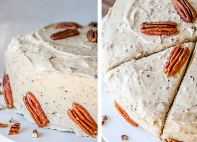 close up shots of a two layer carrot cake with large pecans and cream cheese maple pecan frosting. 