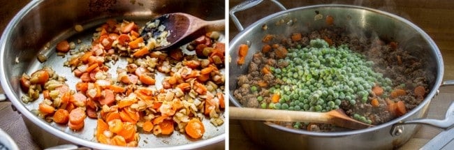 cooking carrots and onions, adding peas to cooked carrots and onions. 