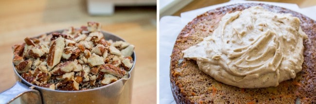 a cup of roughly chopped pecans, a layer cake with a pile of maple pecan frosting on top. 