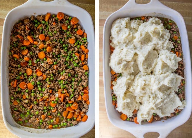 putting beef and vegetable filling in a casserole dish, adding mashed potatoes on top of filling.