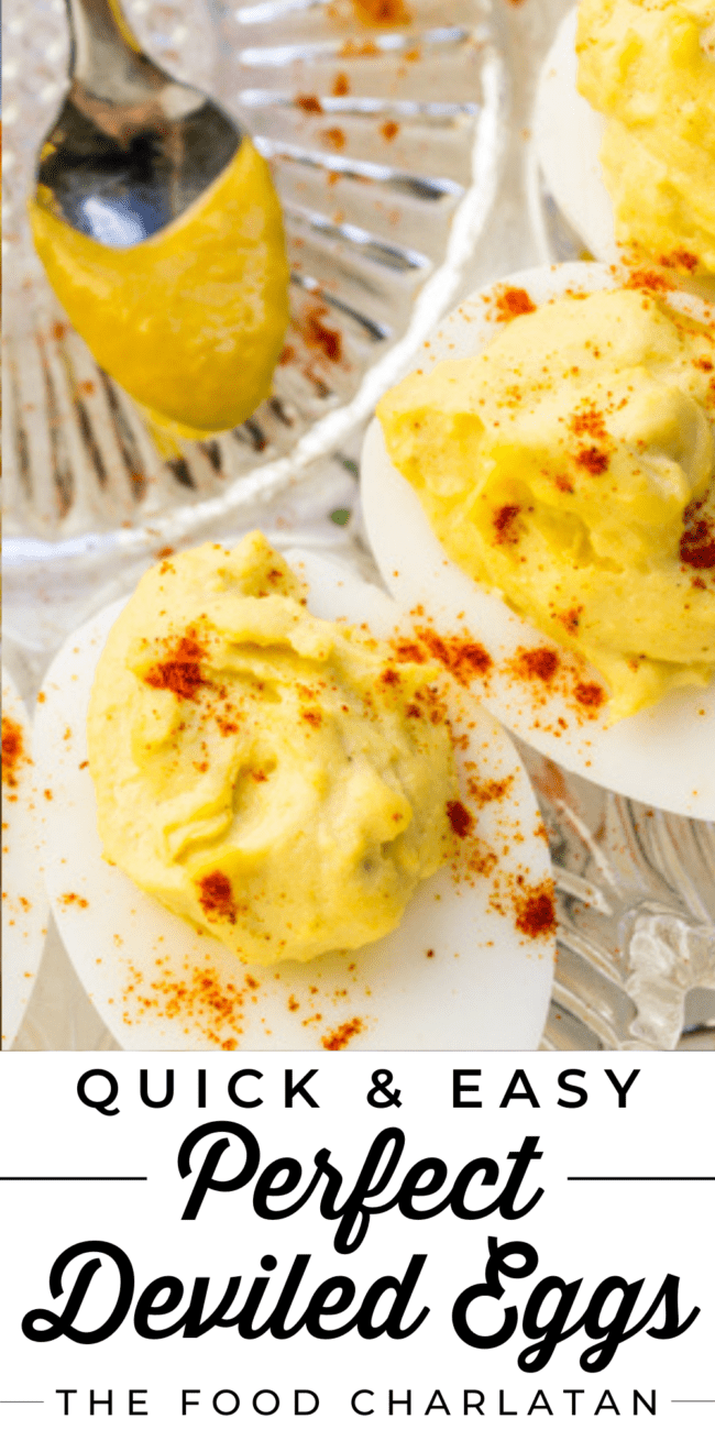 classic deviled eggs on a glass platter.
