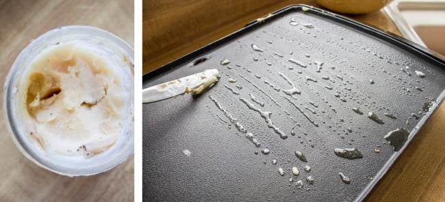 Melting bacon grease on the griddle or pan showing how to fry pancakes in bacon grease.