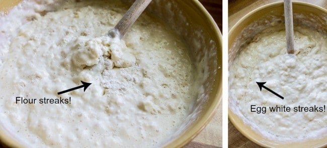 Flour & egg white streaks in pancake batter showing how to make fluffy pancakes.