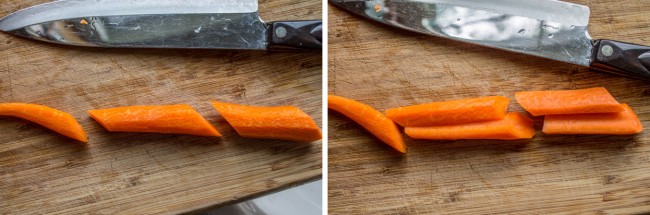 cutting and slicing carrots with a chef's knife.