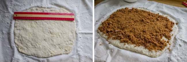 measuring rolled-out dough's width, a rectangle of dough with cinnamon brown sugar filling on top.