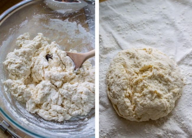 soft dough being mixed together, soft dough in a ball on a floured towel.