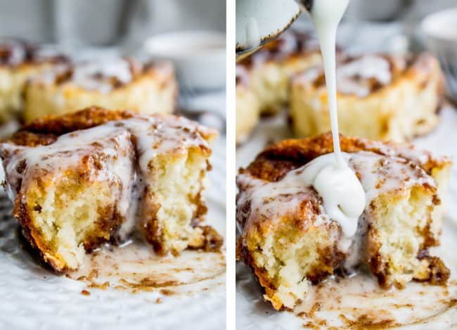 a cinnamon roll with a normal amount of icing, a cinnamon roll with a ludicrous amount of icing.