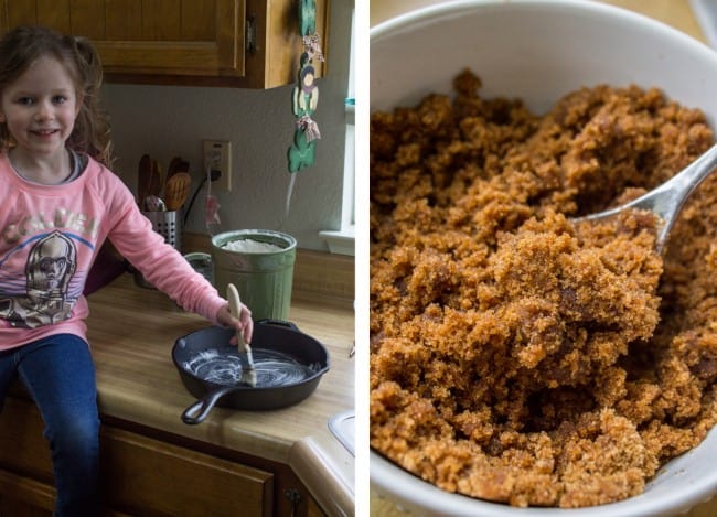 a little girl buttering a skillet, a bowl of cinnamon brown sugar filling. 