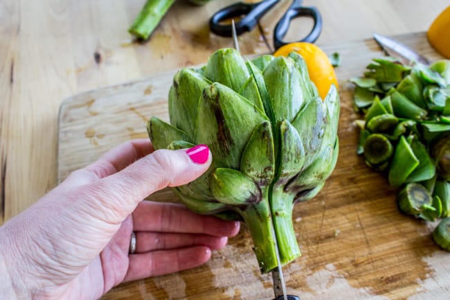 Garlic Roasted Artichokes with Pesto Dipping Sauce from The Food Charlatan