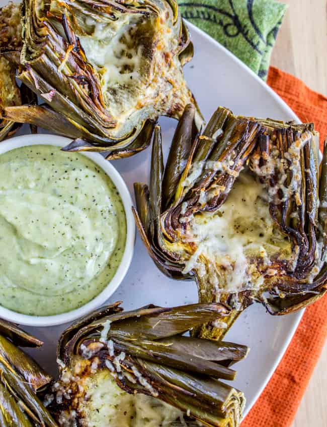 Garlic Roasted Artichokes with Pesto Dipping Sauce from The Food Charlatan