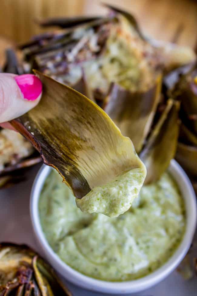 Garlic Roasted Artichokes with Pesto Dipping Sauce from The Food Charlatan