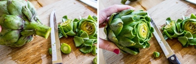 Garlic Roasted Artichokes with Pesto Dipping Sauce from The Food Charlatan