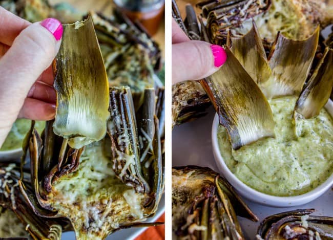 Garlic Roasted Artichokes with Pesto Dipping Sauce from The Food Charlatan