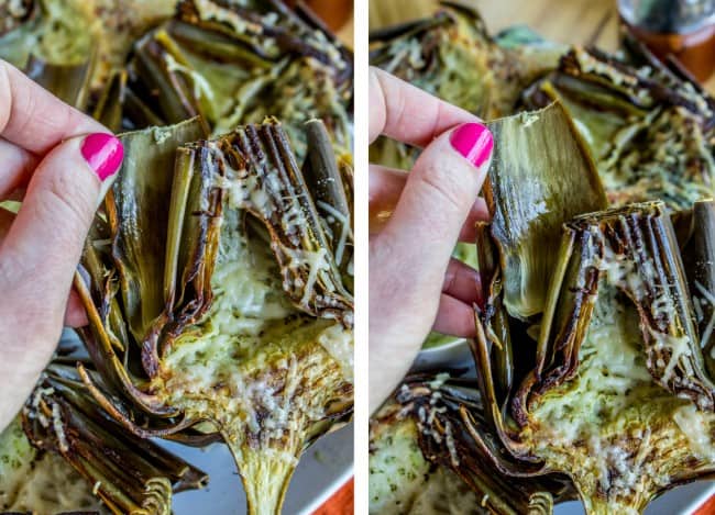 Garlic Roasted Artichokes with Pesto Dipping Sauce from The Food Charlatan