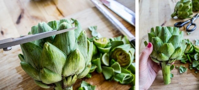 Garlic Roasted Artichokes with Pesto Dipping Sauce from The Food Charlatan