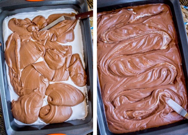 Mississippi mud cake before and after the chocolate frosting has been swirled on top. 