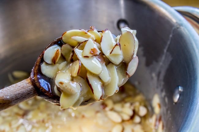 cooking crunchy honey almond topping.