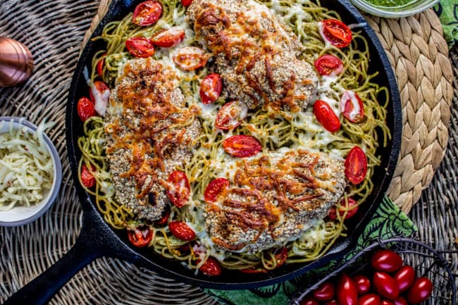 Almond-Crusted Chicken with Homemade Pesto Pasta from The Food Charlatan