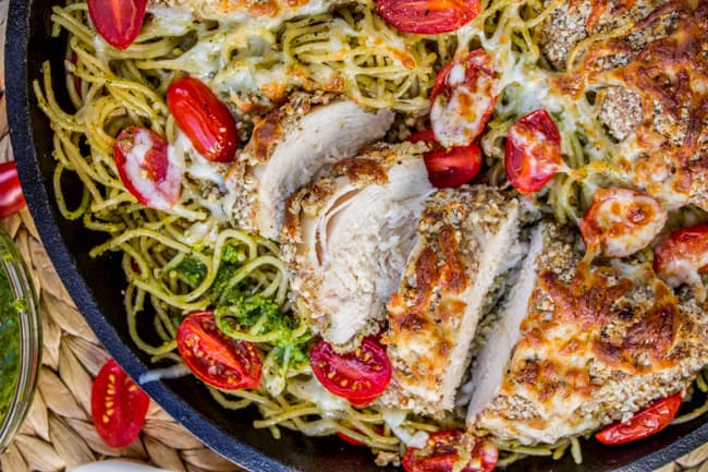 Almond-Crusted Chicken with Homemade Pesto Pasta from The Food Charlatan