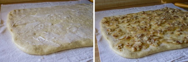 spreading butter and honey almond topping on sweet roll dough.