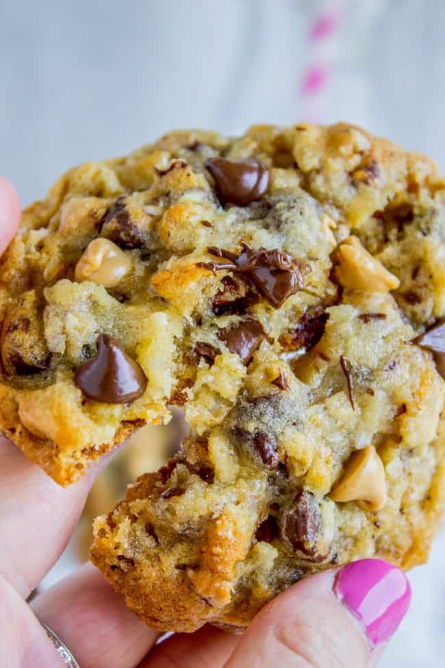 a cowboy cookie held close up.