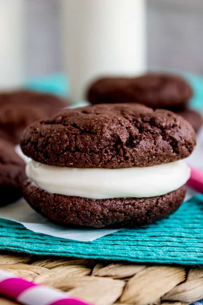 Homemade Oreos with Cream Cheese Frosting (Cake Mix Cookies) from The Food Charlatan