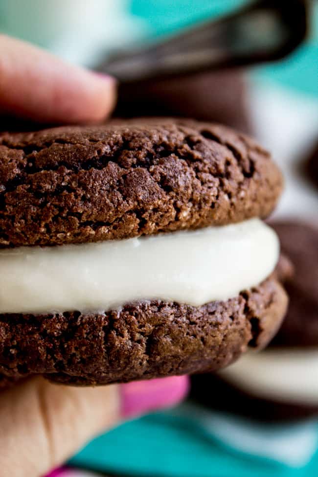 Homemade Oreos with Cream Cheese Frosting (Cake Mix Cookies) from The Food Charlatan