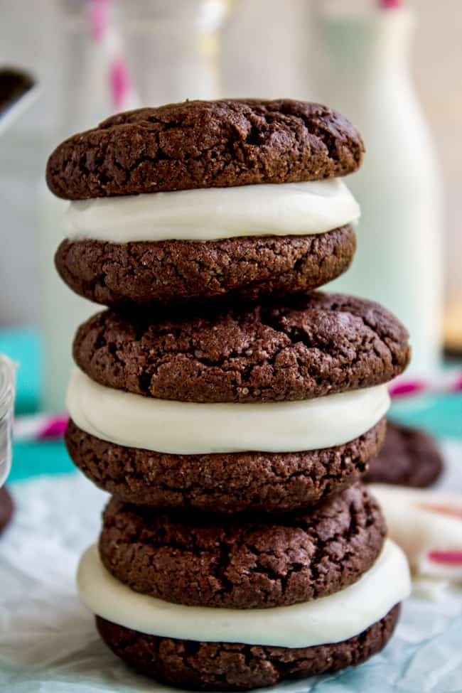 Homemade Oreos with Cream Cheese Frosting (Cake Mix Cookies) from The Food Charlatan 