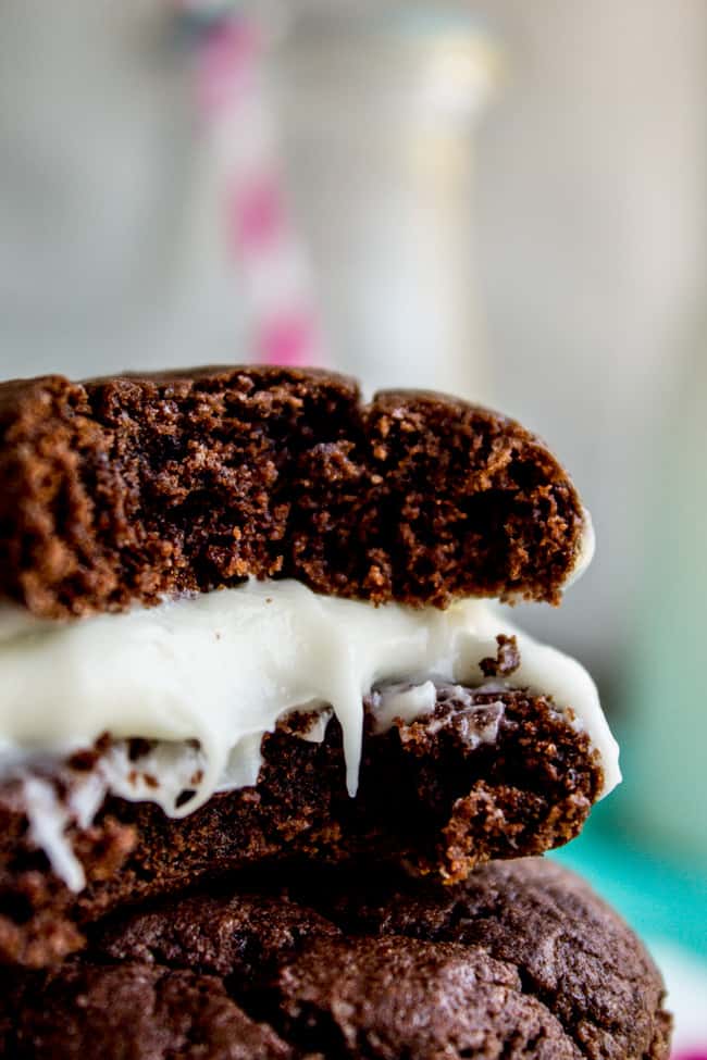 Homemade Oreos with Cream Cheese Frosting (Cake Mix Cookies) from The Food Charlatan