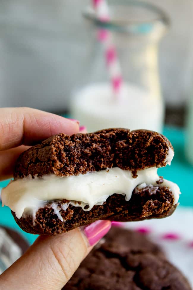 Homemade Oreos with Cream Cheese Frosting (Cake Mix Cookies) from The Food Charlatan