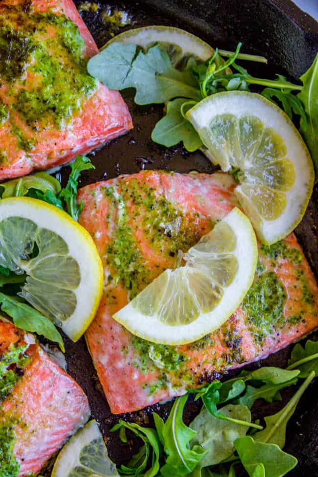 20 Minute Pan-Seared Salmon with Arugula Pesto from The Food Charlatan