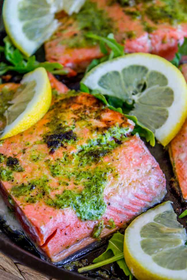 20 Minute Pan-Seared Salmon with Arugula Pesto from The Food Charlatan