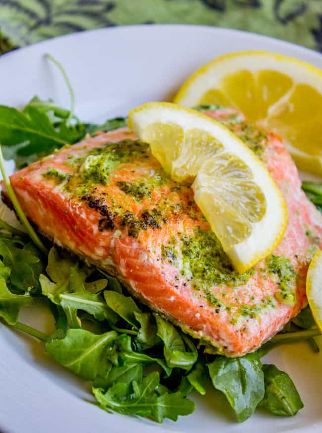 20 Minute Pan-Seared Salmon with Arugula Pesto from The Food Charlatan