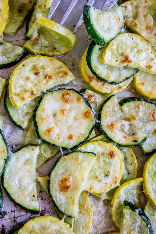 sliced, roasted zucchini and yellow squash with parmesan cheese.