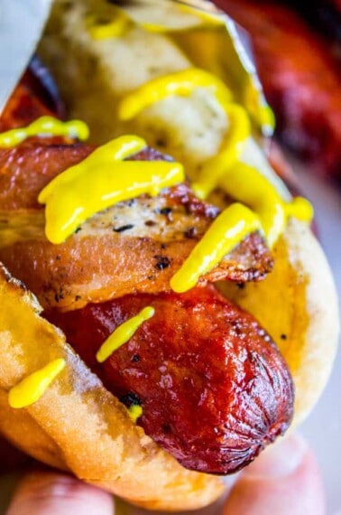 Bacon Wrapped Hot Dogs (Grilled) from The Food Charlatan