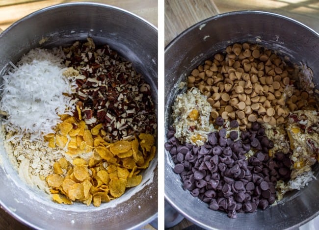 Mix-ins for Texas cowboy cookie dough in mixing bowl.