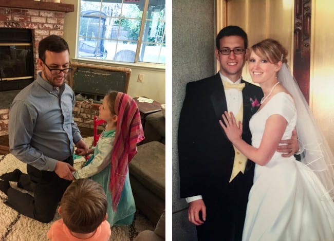 father and daughter pretending to get married; husband and wife on wedding day.