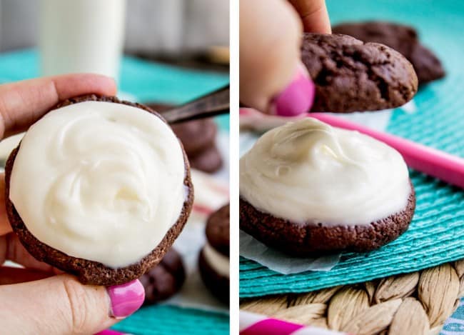 Homemade Oreos with Cream Cheese Frosting (Cake Mix Cookies) from The Food Charlatan