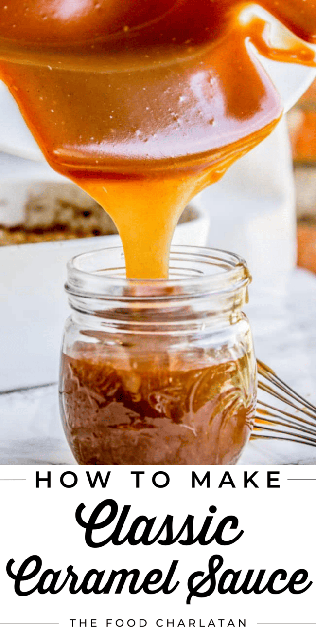 Pouring caramel sauce into a mason jar.