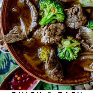 beef and broccoli soup in a brown bowl.