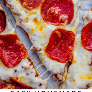 A close-up of pepperoni pizza slices on a tray, with melted cheese and crispy pepperoni, above text that reads Easy homemade pizza sauce with no cooking – The Food Charlatan, highlighting fresh, flavorful ingredients.