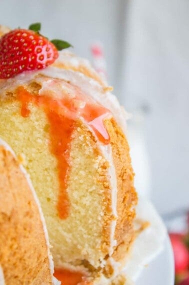 cream cheese pound cake with vanilla glaze and strawberry topping.