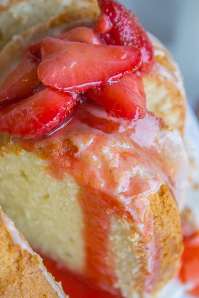 cream cheese pound cake with vanilla glaze and strawberry topping. 