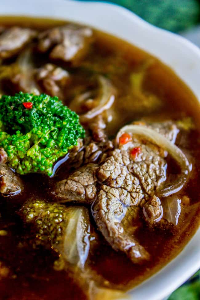 a bowl of beef and broccoli soup.