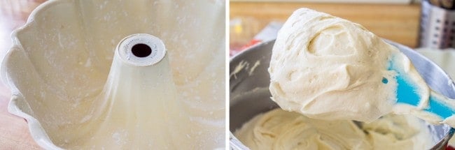 a greased and floured bundt pan; a spatula covered in cake batter.