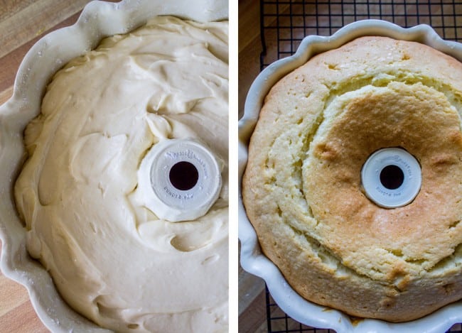 a bundt pan with unbaked pound cake; the same bundt pan with baked pound cake. 