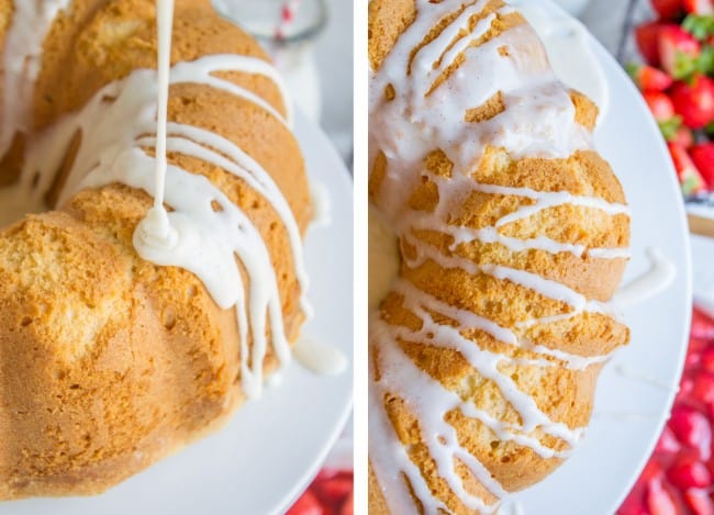 cream cheese pound cake with vanilla glaze.