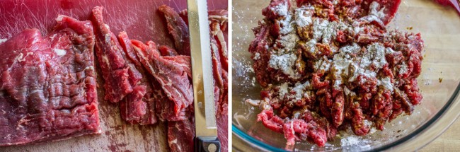 beef being sliced up and seasoned.